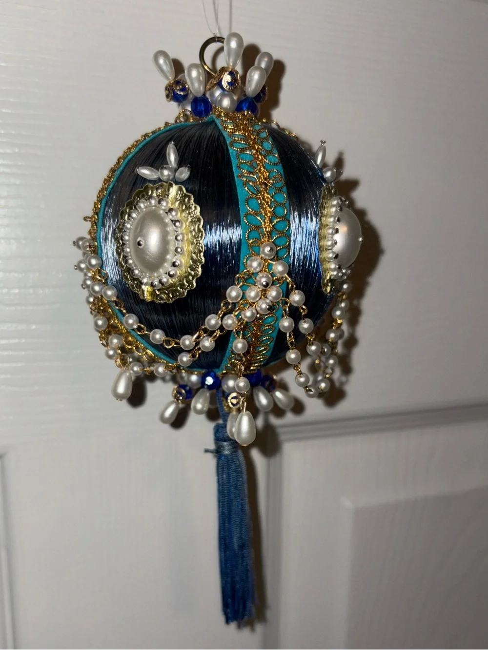 Handcrafted Blue and White Beaded Tassel Push Pin Ornament